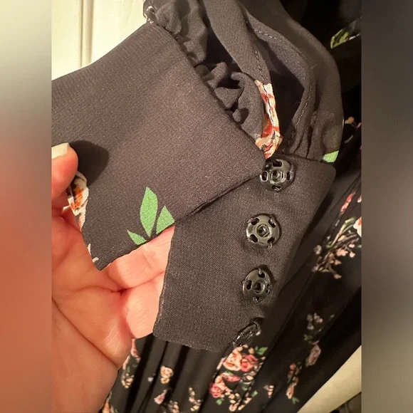 IEENA FOR MAC DUGGAL Belted Floral Print Illusion Long Sleeve Gown Black Size 12 - Picture 7 of 16